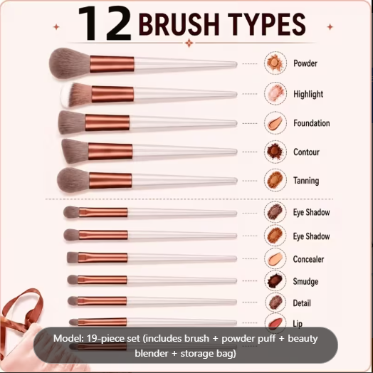 19pcs Makeup Brush Set with Storage Bag