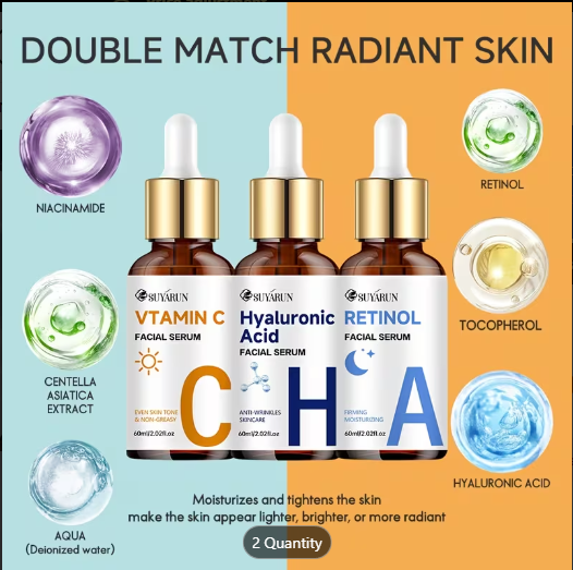 SUYARUN 3pcs Day & Night Vitamin C+Retinol+Hyaluronic Acid Essence Trio Set
